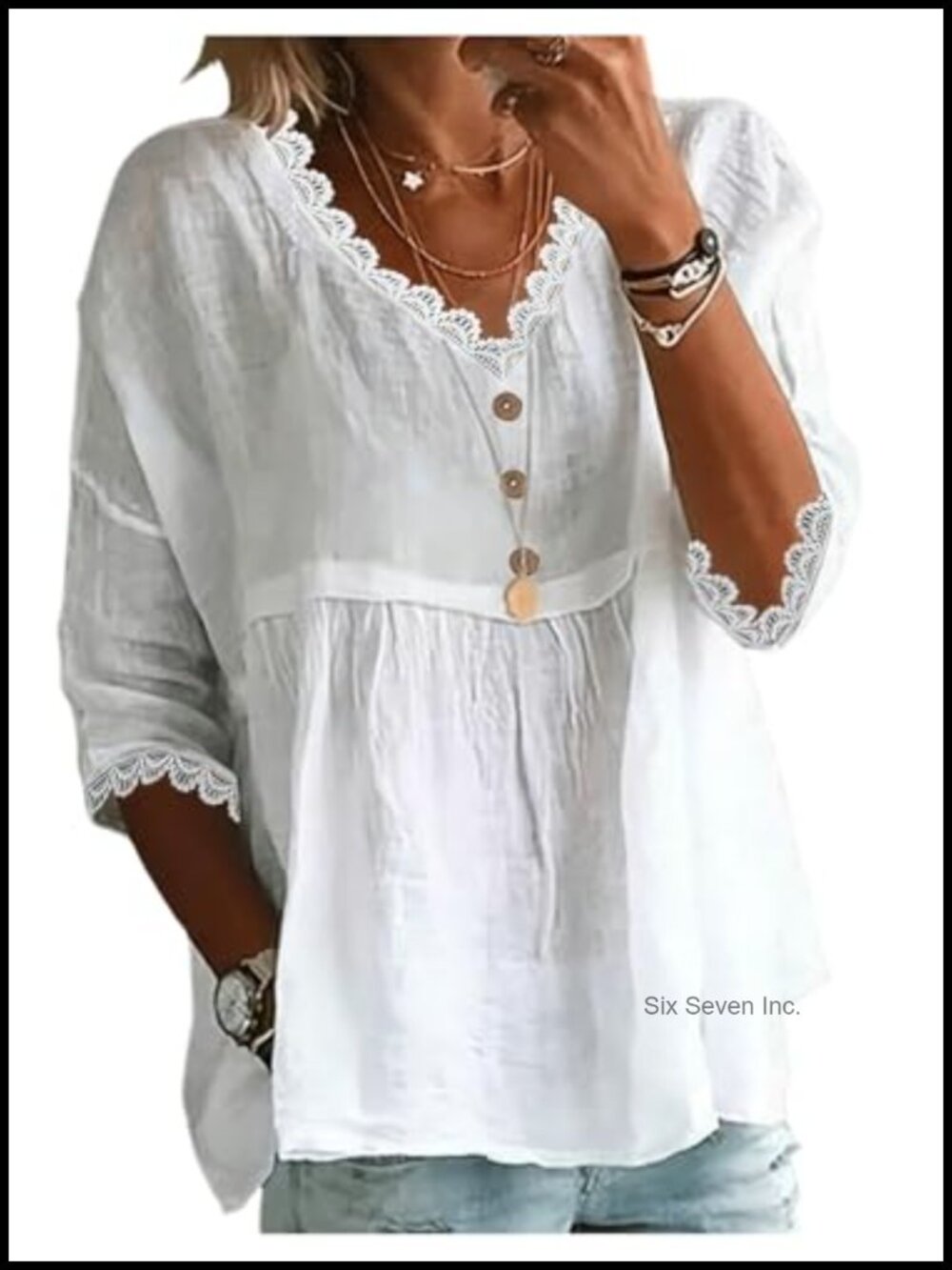 Lace Peplum Blouse 3/4 Bell Sleeve V-Neck Dressy Top